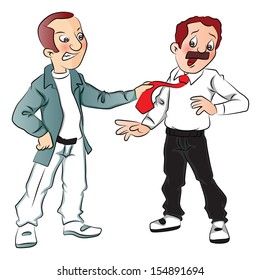 Vector of angry man threatening businessman, pulling his tie.