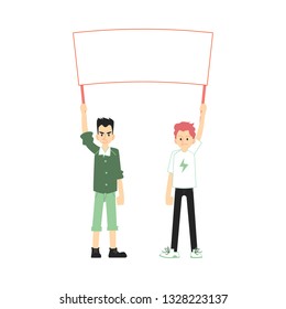 Vector angry men holding blank placard above head with dissatisfied facial expression. Male character at demonstration, strike against policies. Protesting frustrated character, isolated illustration
