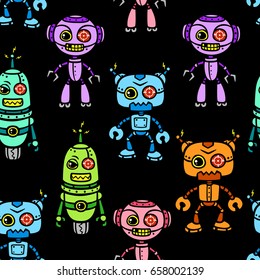 vector angry multicolor cartoon robot seamless pattern