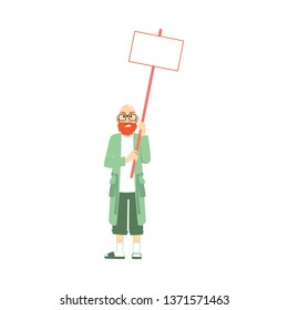 Vector angry old man holding blank placard with dissatisfied facial expression. Male character at demonstration, strike against policies. Protesting frustrated character, isolated illustration