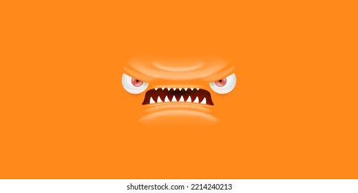 Vector angry orange monster face with open mouth with fangs and evil eyes isolated on orange horizontal background. Halloween cute and angry monster design template for poster, banner and tee print