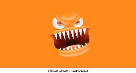 Vector angry orange monster face with open mouth with fangs and evil eyes isolated on orange horizontal background. Halloween cute and angry monster design template for poster, banner and tee print