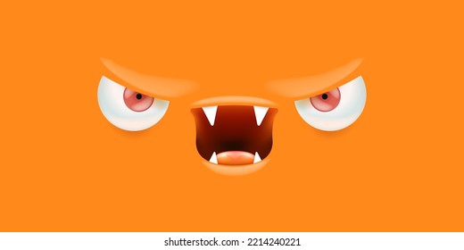 Vector angry orange monster face with open mouth with fangs and evil eyes isolated on orange horizontal background. Halloween cute and angry monster design template for poster, banner and tee print