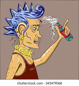 Vector angry punk rocker with a mohawk and a bottle