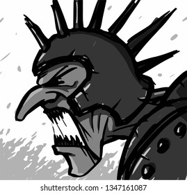 Vector angry scary troll with sharp teeth in helmet with spikes with a fire at the background