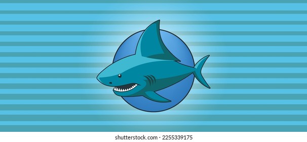 Vector angry shark with big fin and open toothy mouth. Nautical logo, sticker or icon.