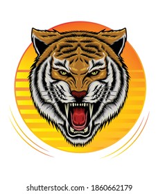 emblema deportivo de tigre de vectores enojado sobre fondo de puesta de sol