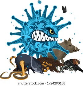 Vector Angry Wild Animals: Pangolin, Bat, Pig, Snake And Large Virus