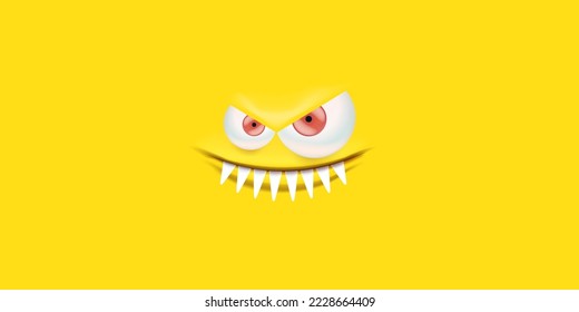 Vector angry yellow monster face with open mouth with fangs and evil eyes isolated on yellow horizontal background. Halloween cute and angry monster design template for poster, banner and tee print