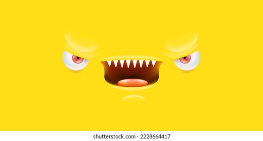 Vector angry yellow monster face with open mouth with fangs and evil eyes isolated on yellow horizontal background. Halloween cute and angry monster design template for poster, banner and tee print