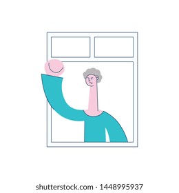Vector angry young man with irritated facial expression waving fists looking out of the window. Male unhappy character and threatening gesture. Frustrated neighbour illustration