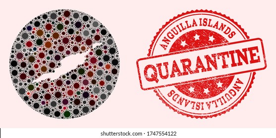 Vector Anguilla Islands map collage of coronavirus and red grunge quarantine seal stamp. Infection cells around the lockdown territory from outside.