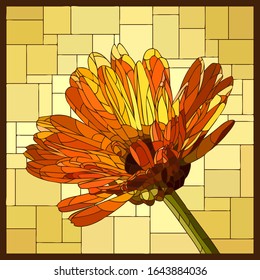 Vector angular mosaic with blooming calendula flower in stained glass window.