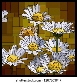 Vector angular mosaic with blooming daisies stained-glass window frame.