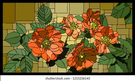 Vector angular mosaic with blooming dog rose with buds stained-glass window frame.