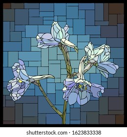 Vector angular mosaic with blooming flowers of blue delphiniums in stained-glass window.