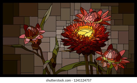 Vector angular mosaic with blooming helichrysum (everlasting) with buds stained-glass window frame.