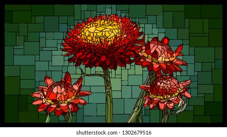 Vector angular mosaic with blooming helichrysum (everlasting) with buds stained-glass window frame.