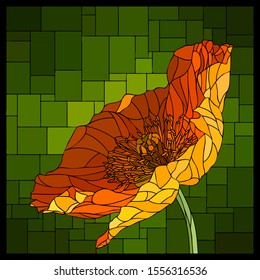 Vector angular mosaic with blooming poppy in stained-glass window.