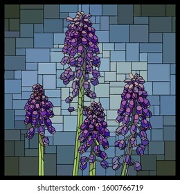 Vector angular mosaic with blooming purple muscari in stained-glass window.