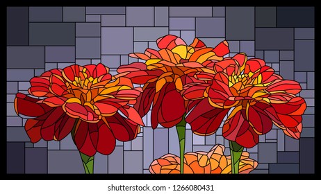 Vector angular mosaic with blooming red marigolds stained-glass window frame.