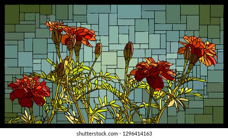 Vector angular mosaic with blooming red marigolds stained-glass window frame.