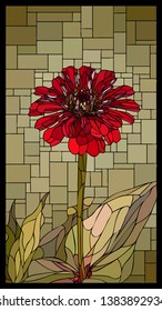 Vector angular mosaic with blooming red zinnia with leaf stained-glass window.