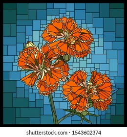 Vector angular mosaic with blooming red carnation in stained-glass window.