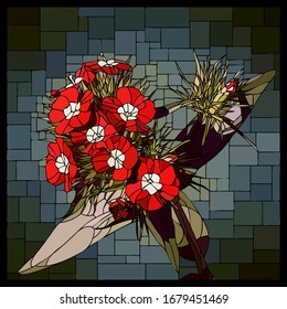 Vector angular mosaic with blooming small red-white carnations flower in stained glass window.