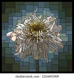 Vector angular mosaic with blooming terry camomile stained-glass window frame.