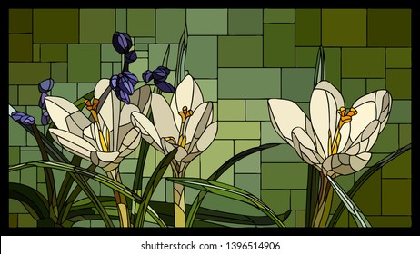 Vector angular mosaic with blooming white crocuses with leaf stained-glass window.