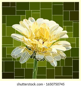 Vector angular mosaic with blooming white calendula flower in stained glass window.