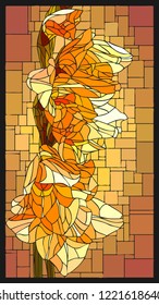 Vector angular mosaic with blooming yellow gladiolus with buds stained-glass window frame.