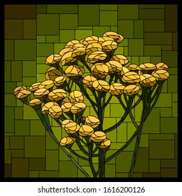 Vector angular square mosaic with blooming tansy in stained-glass window.