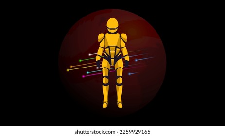 Vector angular yellow female spacesuit in cosmos against the background of a dark red planet Mars and colored comets.