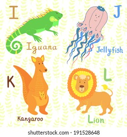 Vector animal alphabet with cute cartoon characters: iguana, jellyfish, kangaroo, lion. Letters I-L.