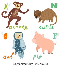 Vector animal alphabet with cute cartoon characters: monkey, nutria, owl, pig. Letters M-P.