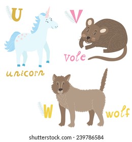 Vector animal alphabet with cute cartoon characters: unicorn, vole, wolf. Letters U-W.