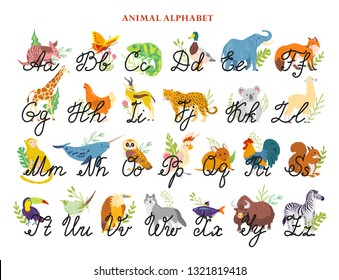Vector animal alphabet with hand drawn letters font (caps and lowercase) isolated on white background. Hand drawn flat style. Mammals and birds. Good for children illustrations, books, banners, prints.