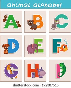 Vector Animal Alphabet. Letter "A","B", "C", "D", "E", "F", "G", "H", "I"