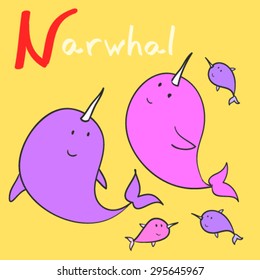 Vector animal alphabet. Letter N, narwal