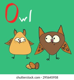 Vector animal alphabet. Letter O, owl