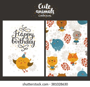 Vector animal cards, happy birthday card with lettering and cute bird. Kids birthday party