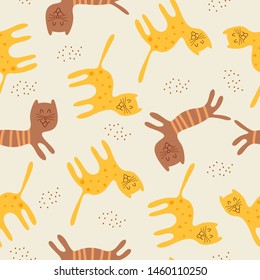 Vector animal cats seamless pattern with crazy unique pet background yellow colorful for baby and kids fashion apparel