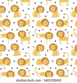 Vector animal character seamless pattern. Pastel color cute funny lions sit, stay and lay and paw track isolated on white. Scandinavian texture tile print for fabric, textile, wrapping paper, cards.