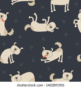 Vector animal character seamless pattern. Colorfull childish funny dogs sit, stay, lay, lick and paw track isolated on white. Scandinavian texture tile print for fabric, textile, wrapping paper, card