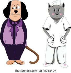 Vector animal characters of a cat dressed as a nurse and a mysterious dog. With the ability to edit