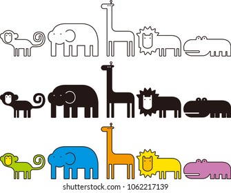 Vector animal collection, monkey, elephant, giraffe, lion, hippo, with black and white, and various colors.
