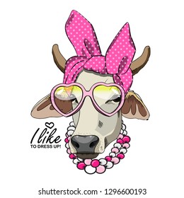 Vector animal cow with pink turban, bow, necklace and glasses. Hand drawn illustration of cow cow. 2