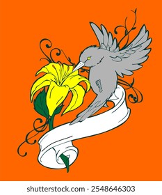 El diseño animal de Vector incluye: una Imagen de un pájaro volador con flores y cintas